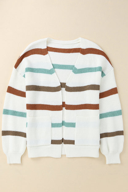 Beige Drop Shoulder Pocketed Stripe Sweater Cardigan