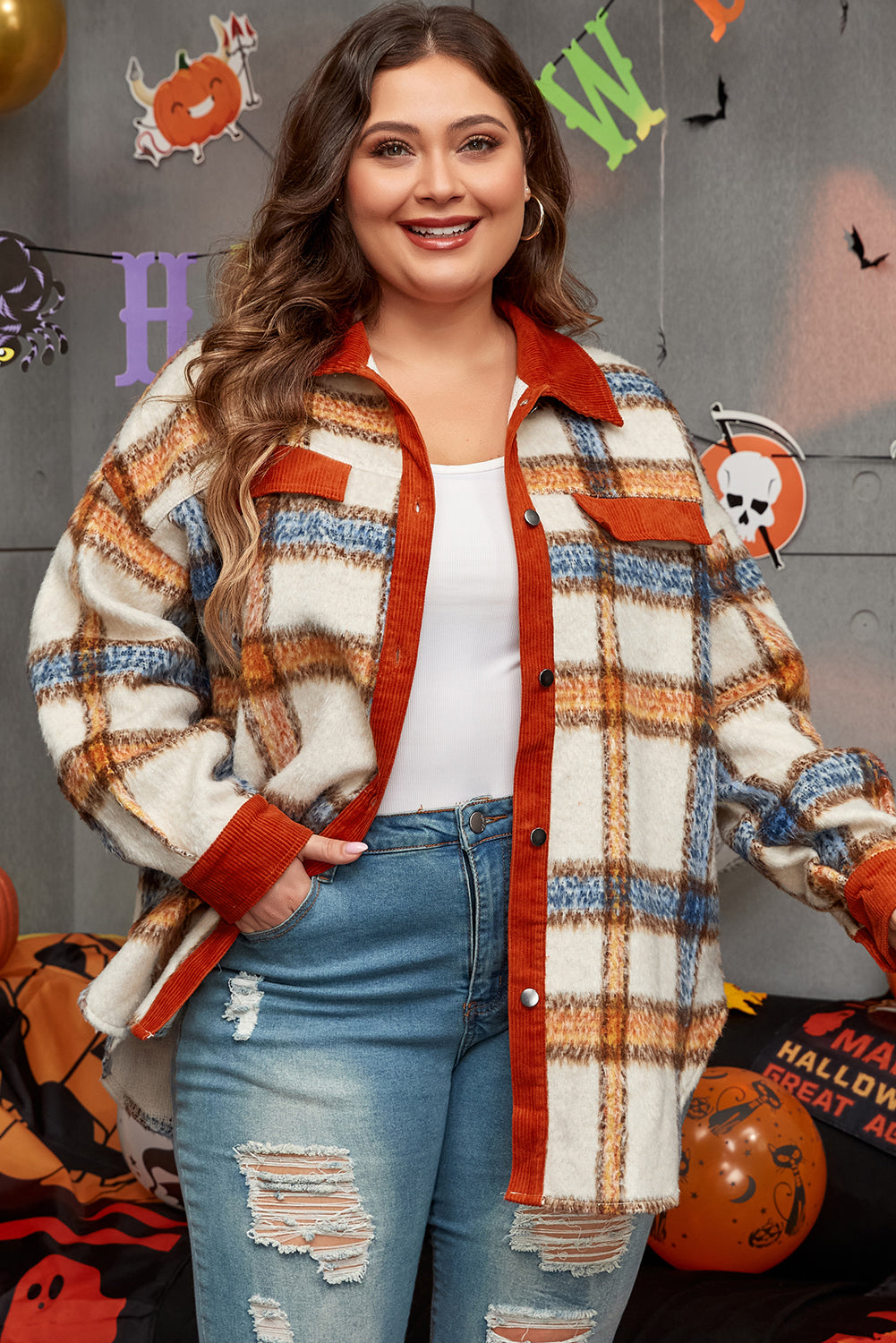 Bruine streep plus size geruite print kraag geknoopt jasje