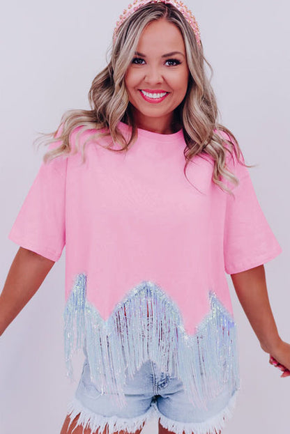 Roze cropped T-shirt met pailletten en franjes