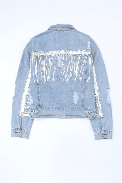 Hemelsblauw, met pailletten verfraaid denim jack met franjes