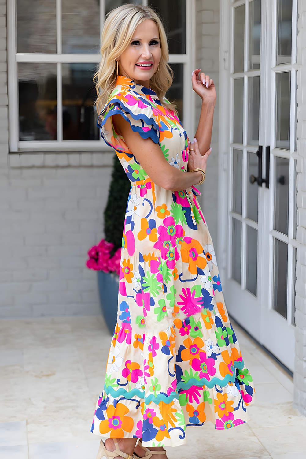 Roze Ricrac-versiering maxi-jurk met bloemenmouwen en knoopsluiting