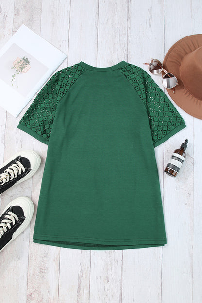 Blackish Green Seamed Detail Contrast Lace Raglan Sleeve Tee