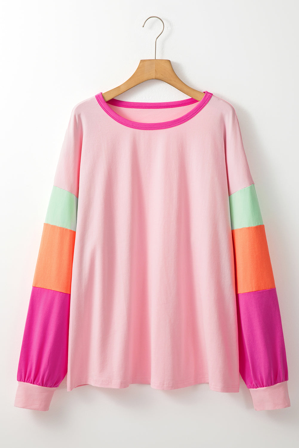 Roze Colorblock Patchwork Lange Mouw Plus Size Top