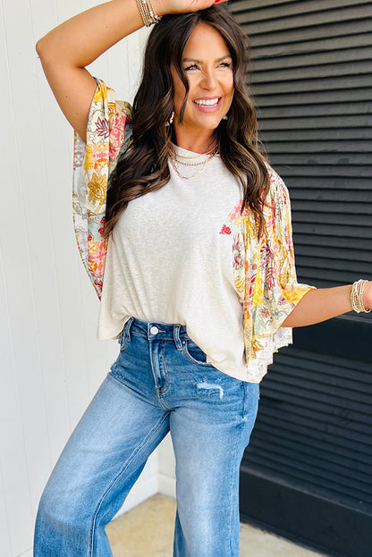 Beige Floral Patchwork Half Batwing Sleeve Blouse