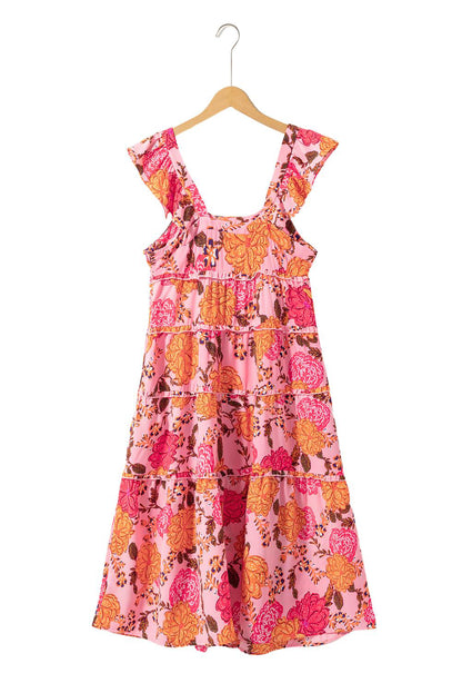 Pink Floral Square Neck Ruffled Flutter Sleeve Tiered Midi Dress