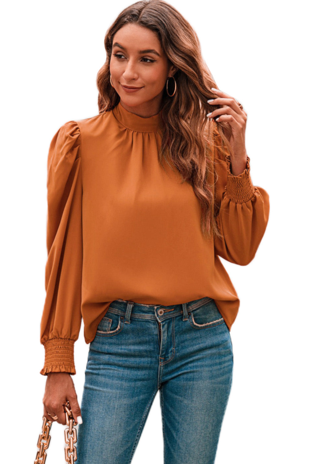 Orange Long Bubble Sleeve Mock Neck Chiffon Blouse