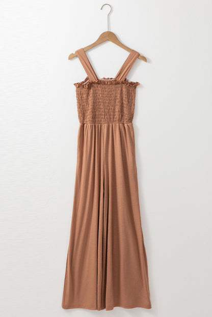 Dusty Pink Ruffled Shirred Wide Leg Sleeveless Jumpsuit