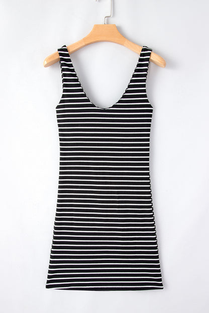 Black Stripe Ribbed Knit Sleeveless Mini Dress