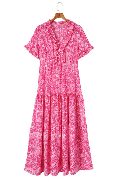 Roze paisley-print Boho Holiday gelaagde maxi-jurk met ruches