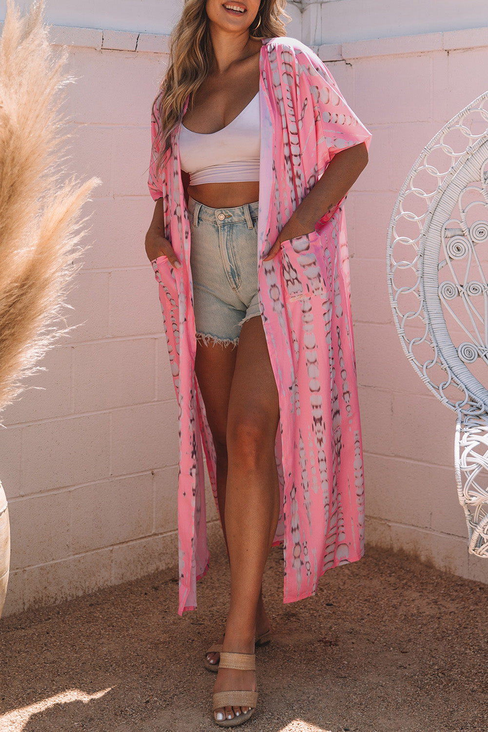 Roze Boheemse tie-dye oversized lange kimono