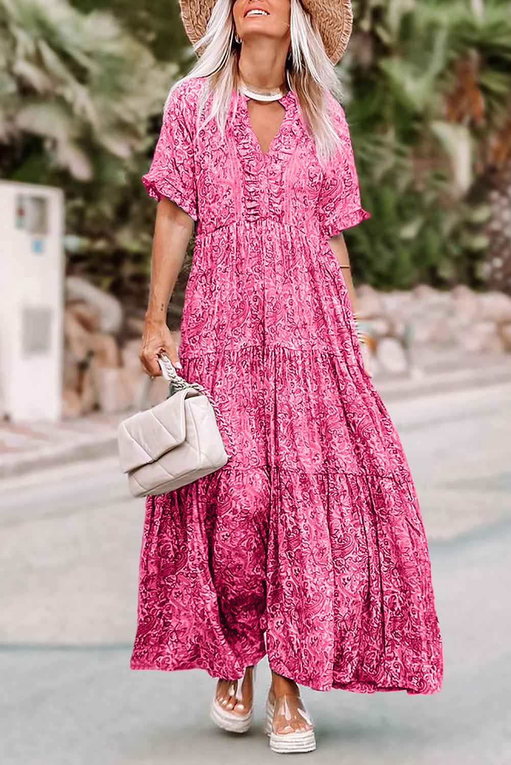 Roze paisley-print Boho Holiday gelaagde maxi-jurk met ruches