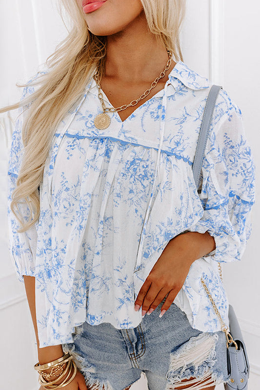 Sky Blue Floral 3/4 mouw vastgebonden kraagblouse