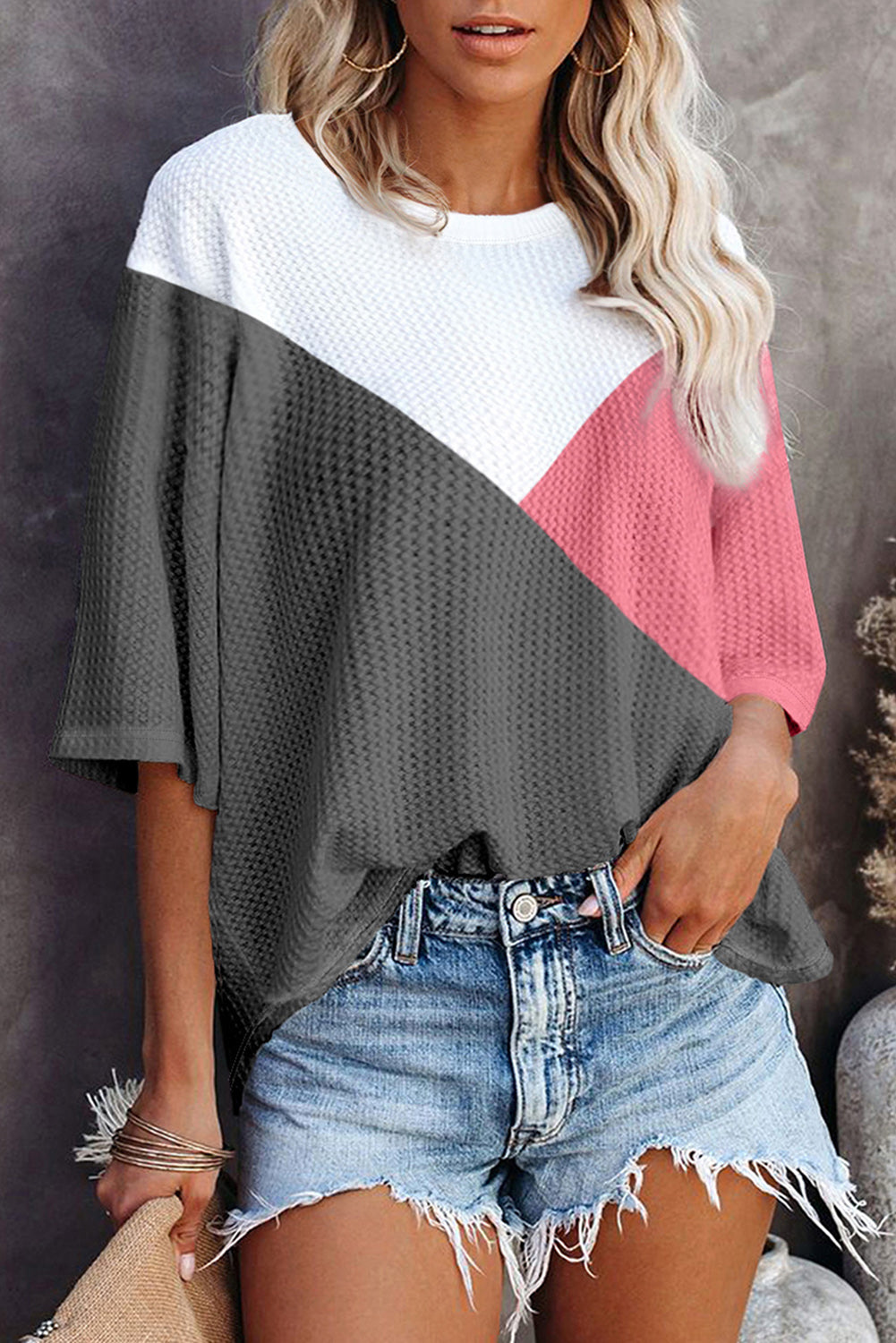 Aardbeienroze colorblock wafelgebreid T-shirt met halve mouwen