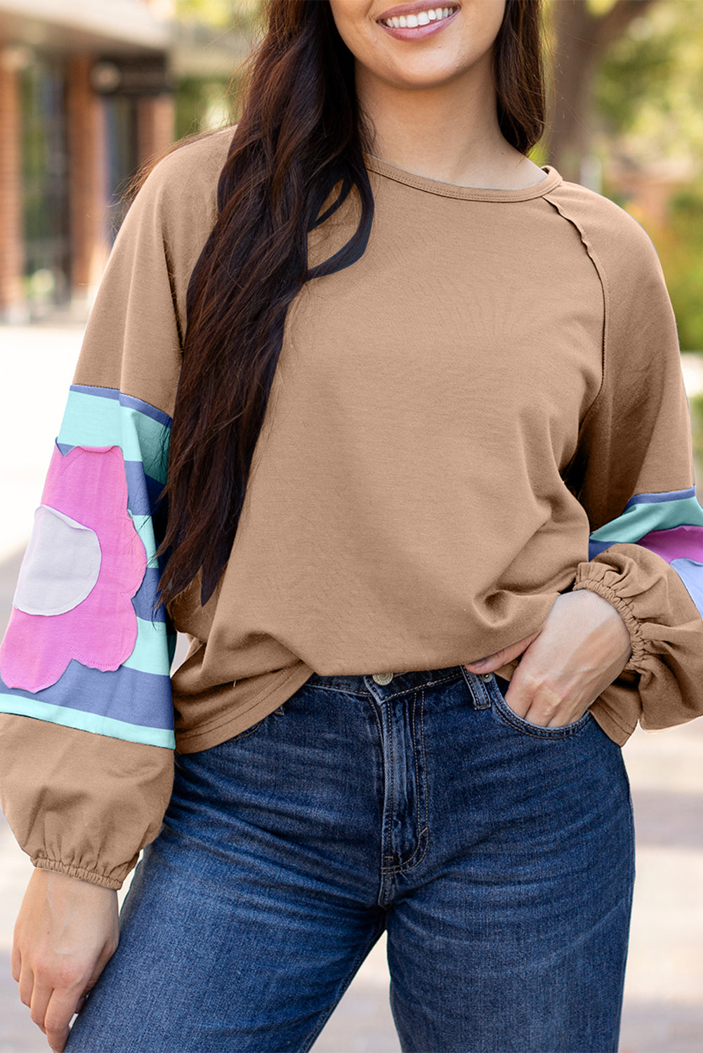 Zeil blauwe bloem patchwork raglan mouw blootgestelde naad oversized top