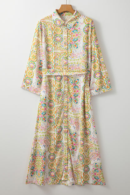 Witte Paisley Print Geknoopte Geknoopte Hoge Taille Midi-jurk