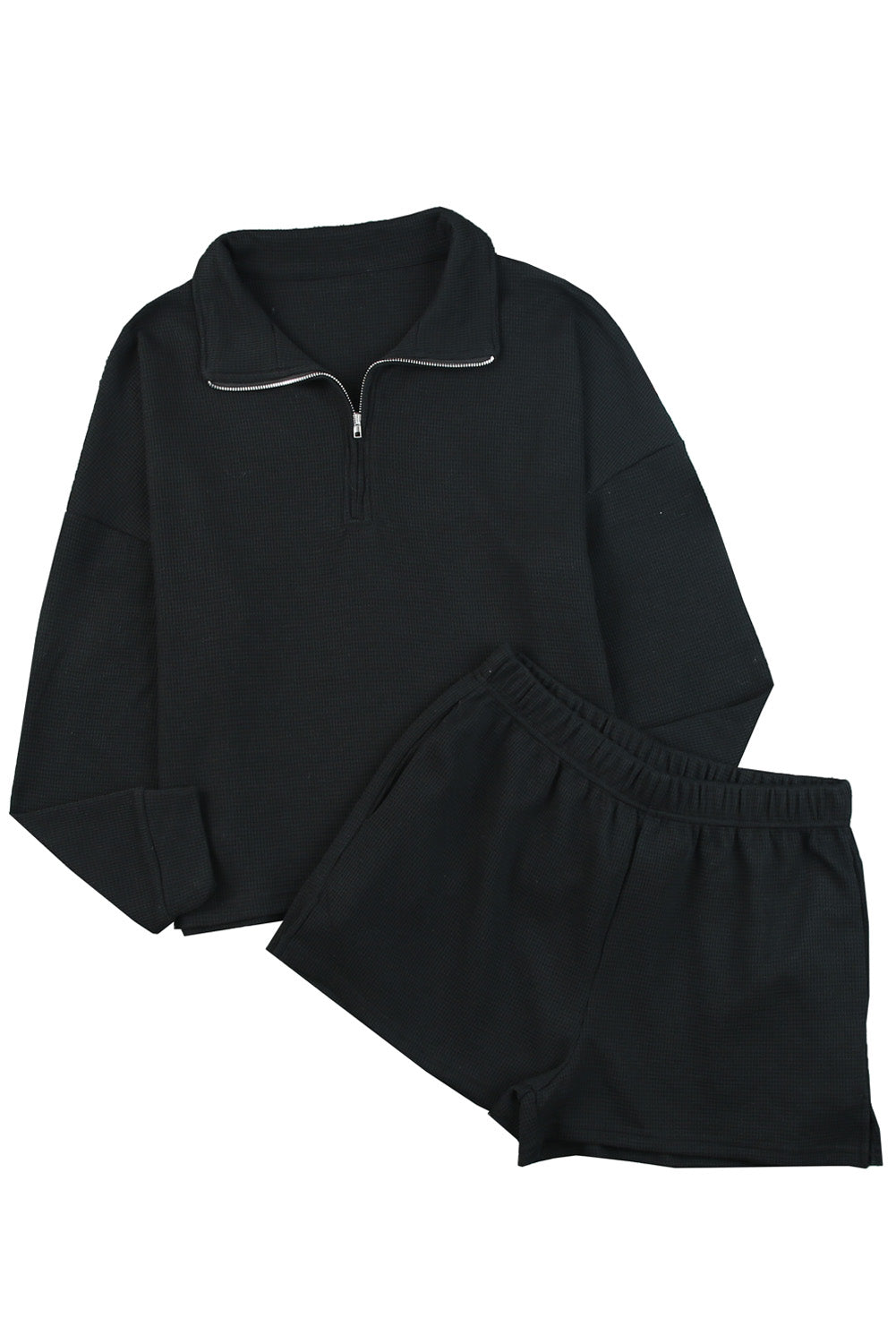 Set van zwart geribbeld sweatshirt met rits en short met hoge taille