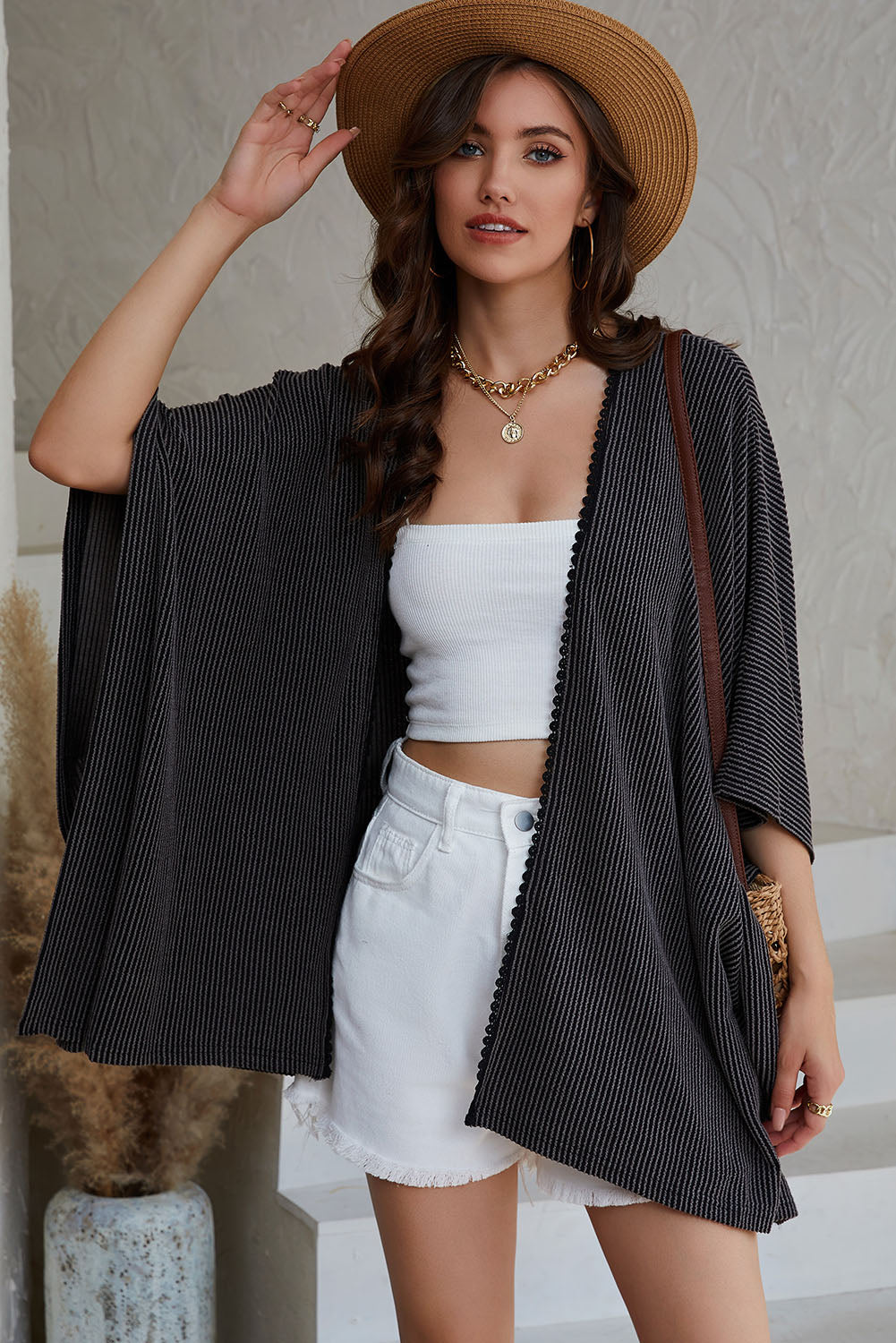 Zwarte oversized kimono met kanten rand