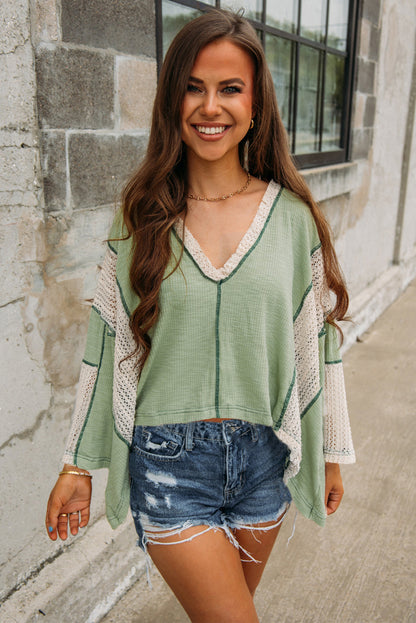 Grass Green Crochet Detail Exposed Seam High Low Loose Top