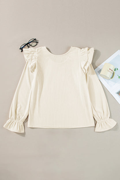 Beige corduroy blouse met ruches en volantmouwen