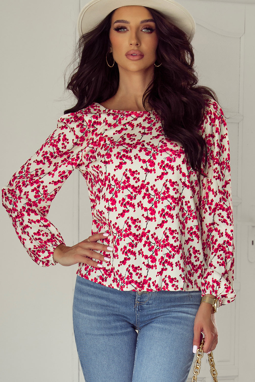 Red Floral Print Long Sleeve Open Back Blouse