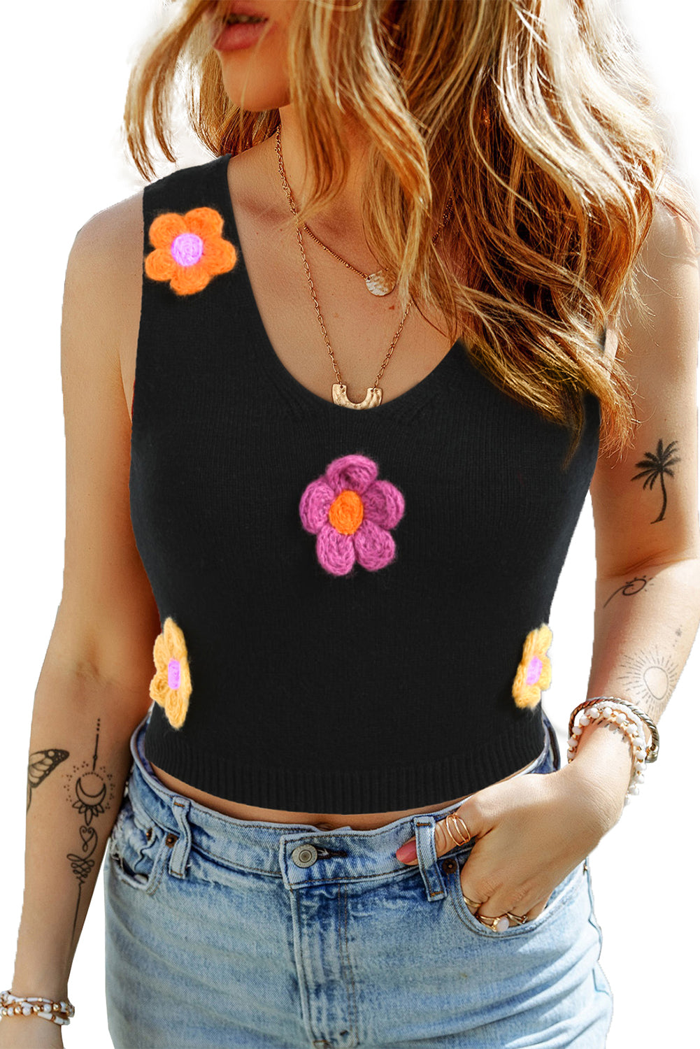 Black 3D Flower Decor Cropped Sweater Vest