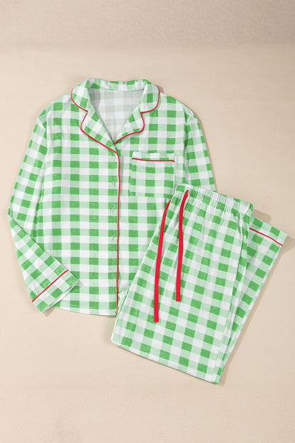 Groene plaid print contrast trim lange mouw plus size pyjama set