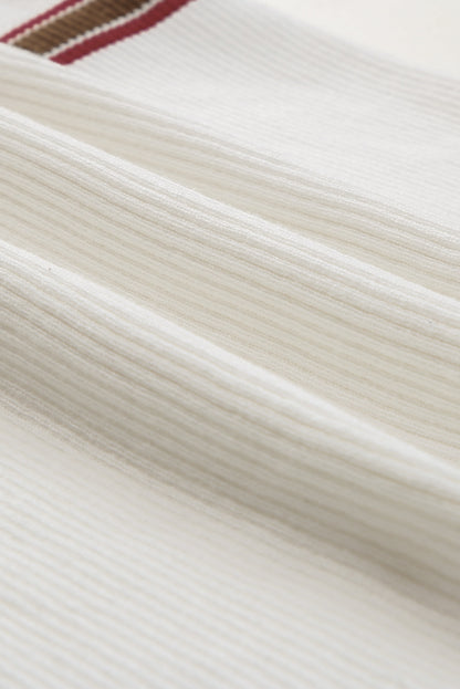 Witte ribgebreide Henley trui met gestreept detail