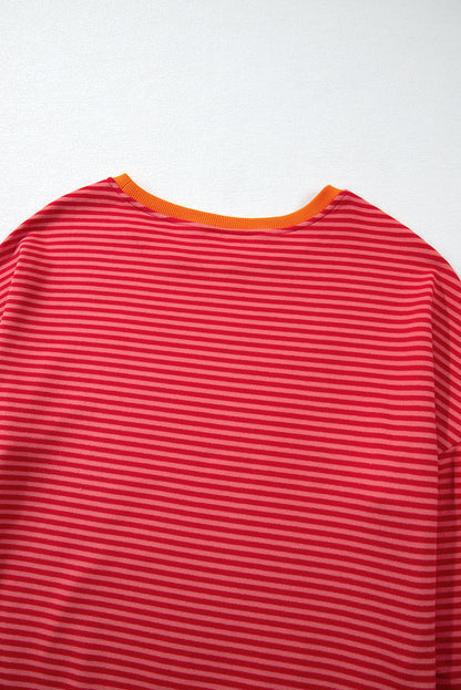 Tomato Red Two Tone Striped Side Buttons Drop Shoulder Top