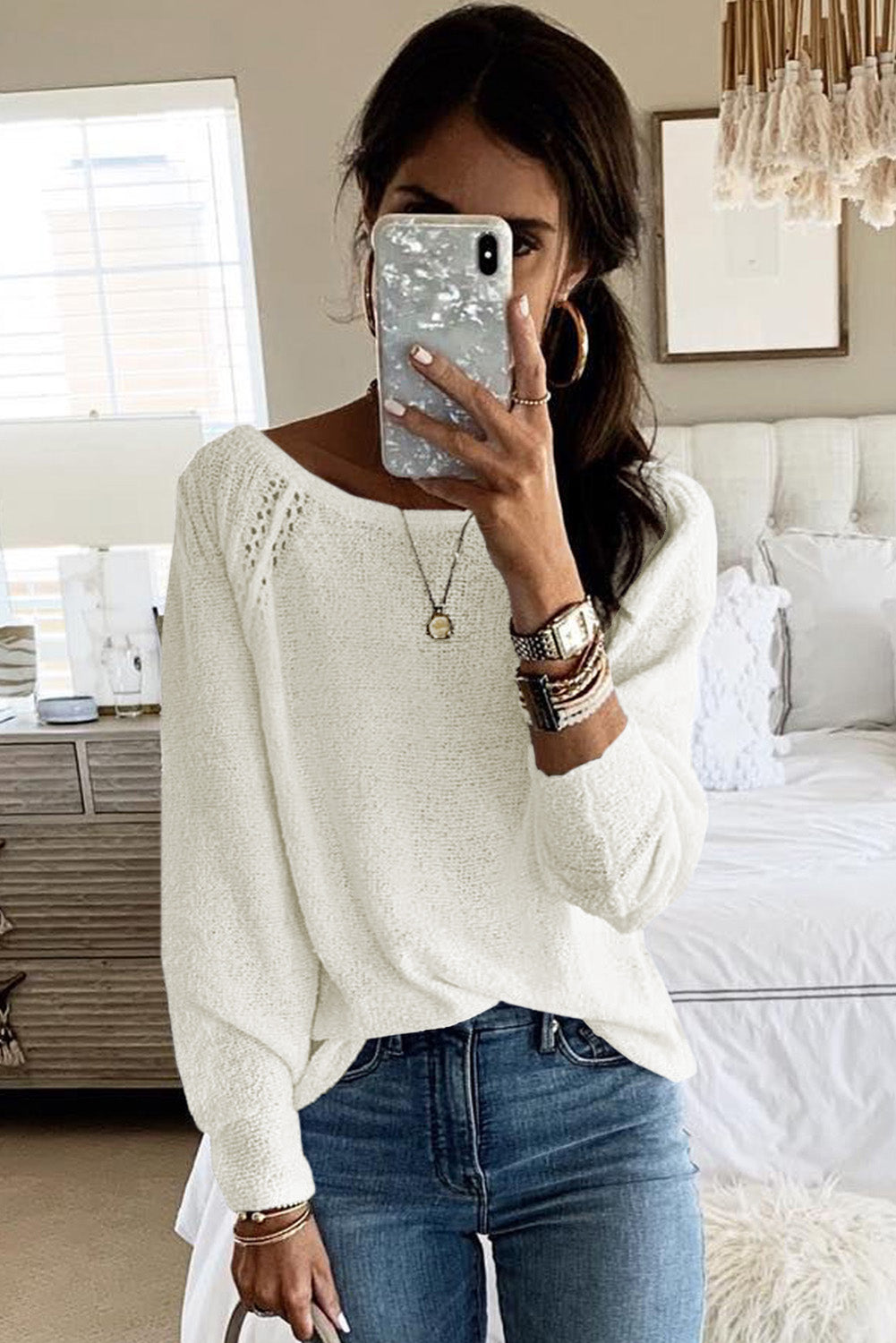 White Long Sleeve Cutout Shoulder Relaxed Sweater