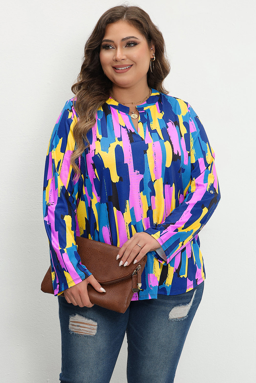 Blauwe grote maat blouse met penseelstreekprint en 3/4 mouwen