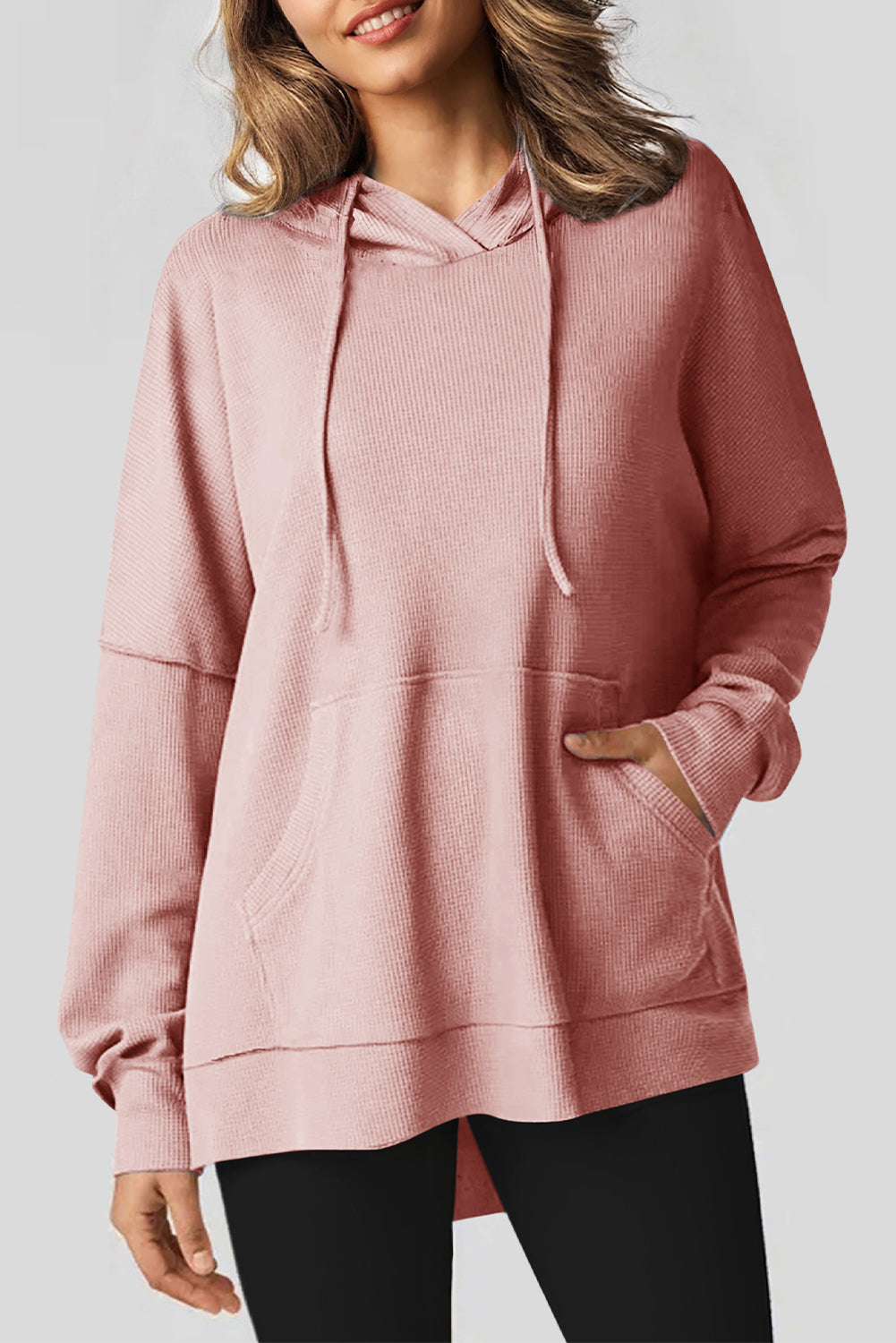 Grijze wafel gebreide fleece gevoerde high low oversized hoodie