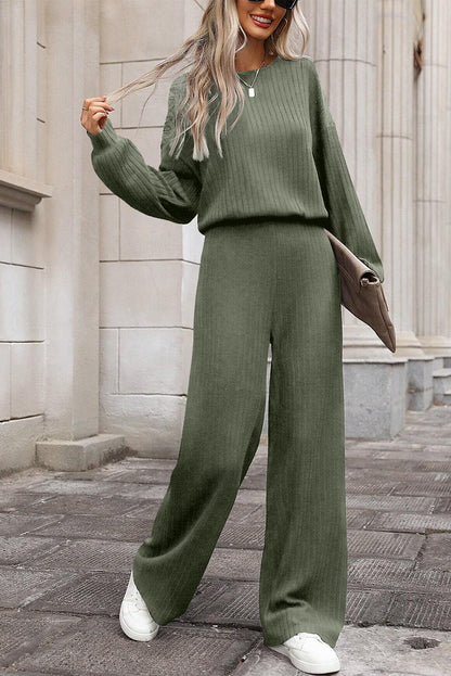 Lauriergroene effen geribbelde gebreide jumpsuit met sleutelgat aan de achterkant en hoge taille