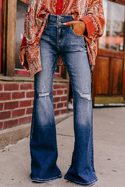 Hemelsblauwe flare-jeans met hoge taille, gescheurde knoopsluiting