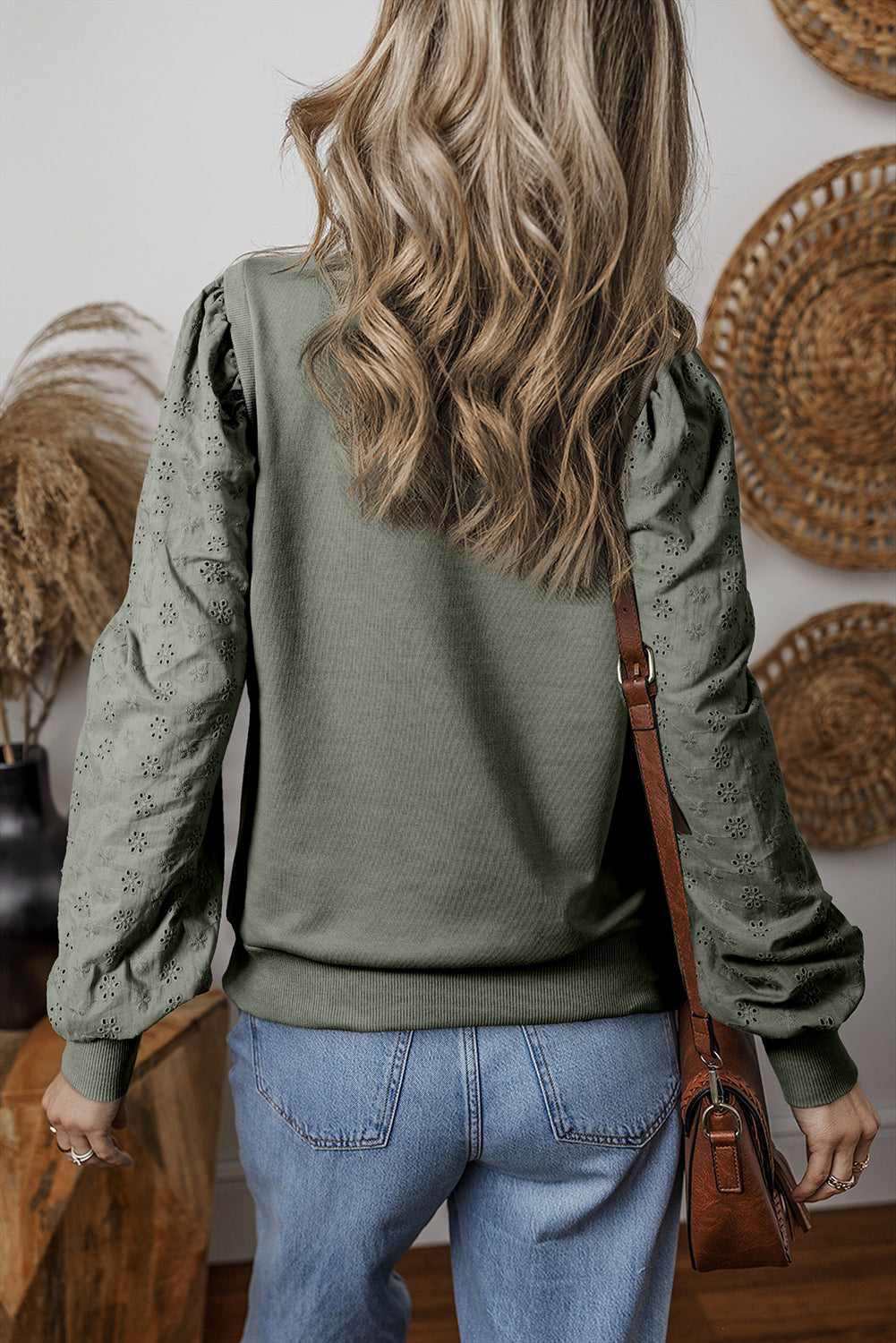 Grayish Green Textured Patchwork Round Neck Sweatshirt