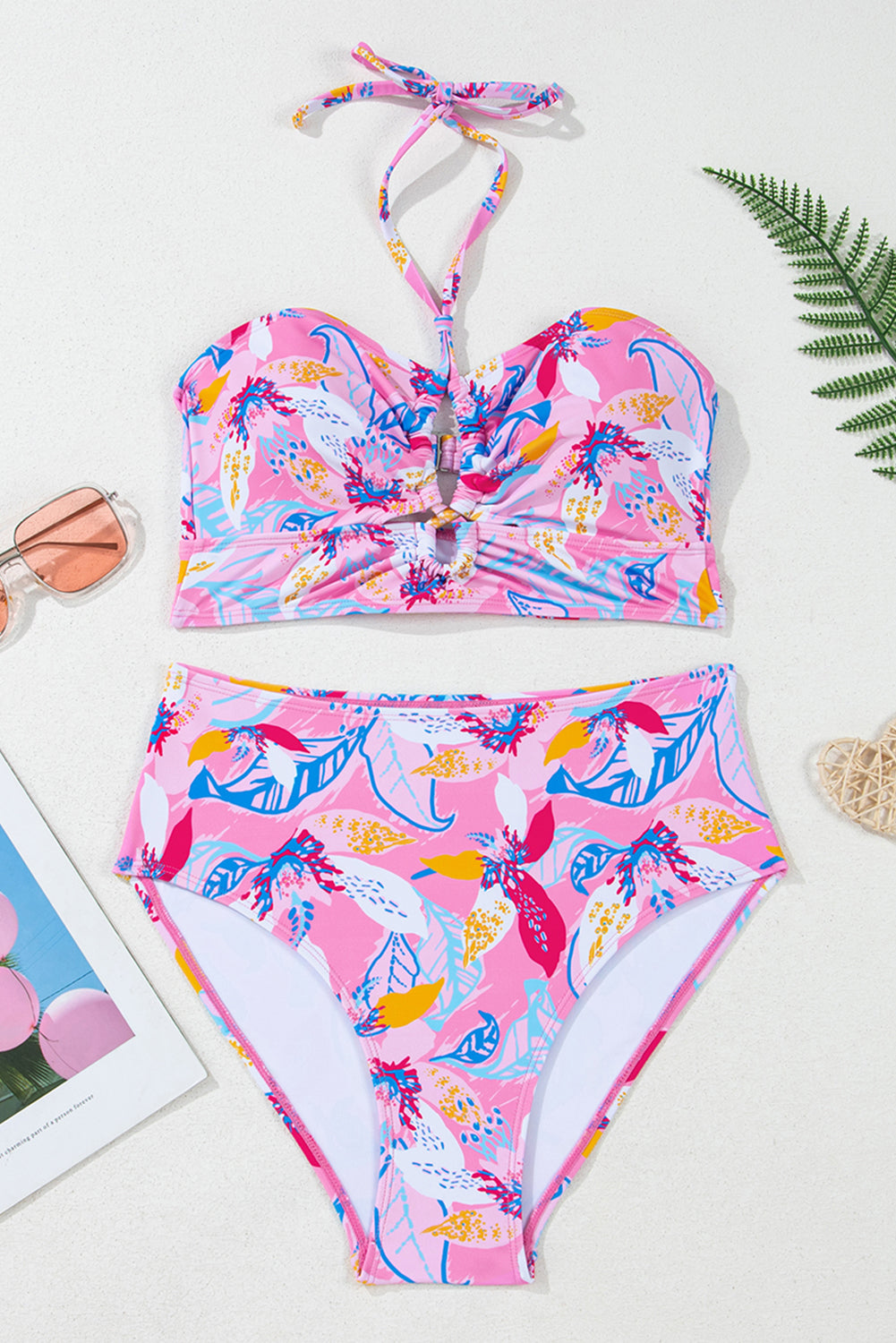 Roze bloemen gedrukte halter nek hoge taille bikini