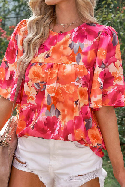 Vurige rode blouse met bloemenprint en wijde mouwen