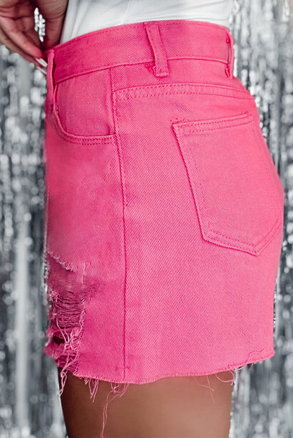 Rose Distressed slim-fit denim short met hoge taille