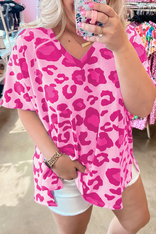 Roze luipaardprint V-hals plus maat T-shirt