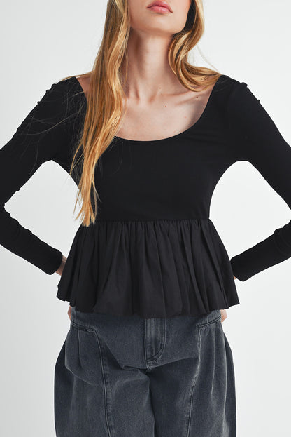 Black geribbeld gebreide schep met lange mouwen Peplum patchwork top