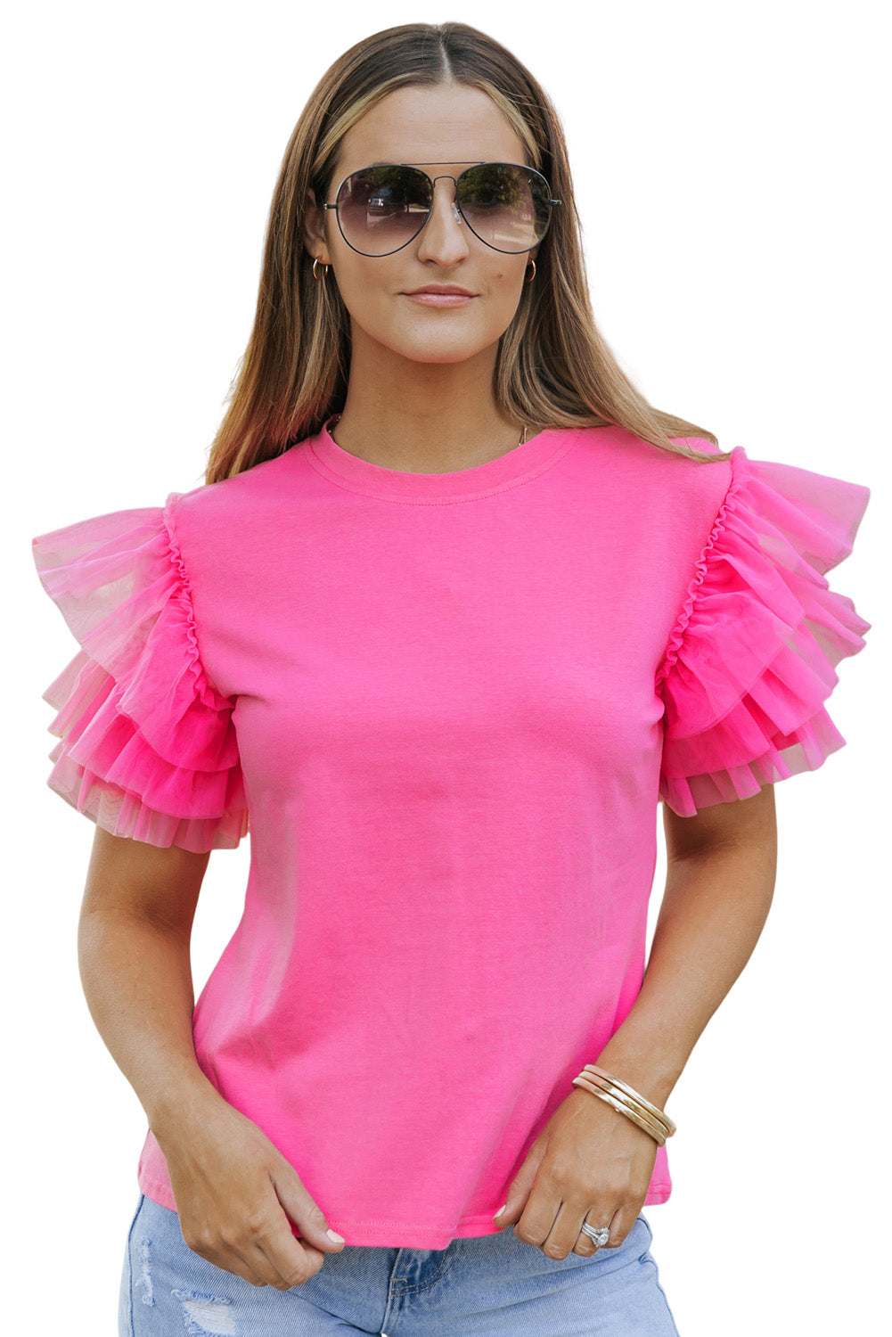 Roze tule blouse met ruches aan de mouwen