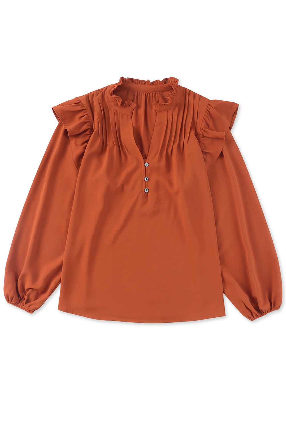 Orange Ruffled Pleated Buttoned V Neck Blouse