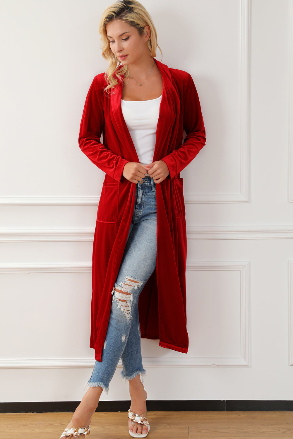 Fiery Red Velvet Open Front Pocketed Long Duster