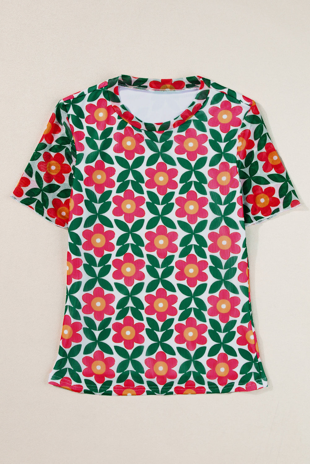 Vurig rood retro T-shirt met ronde hals en bloemenprint