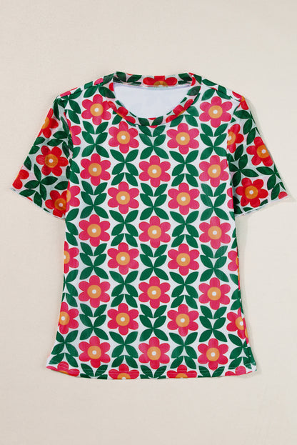 Vurig rood retro T-shirt met ronde hals en bloemenprint