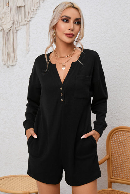 Black Brushed Ribbed Button Split V Neck Long Sleeve Romper