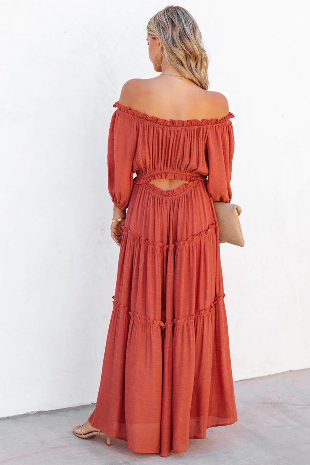 Oranje off-shoulder ballonmouwen uitgesneden maxi-jurk met ruches