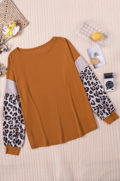 Brown Leopard Sequin Patchwork Long Sleeve Top