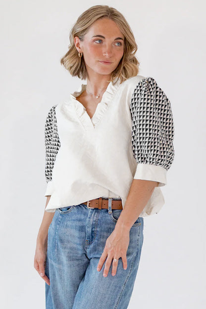 White Geometric Textured Short Sleeve Frilly V Neck Blouse