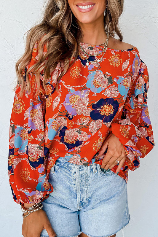 Vurige rode bloemenprint blouse met ruches en pofmouwen