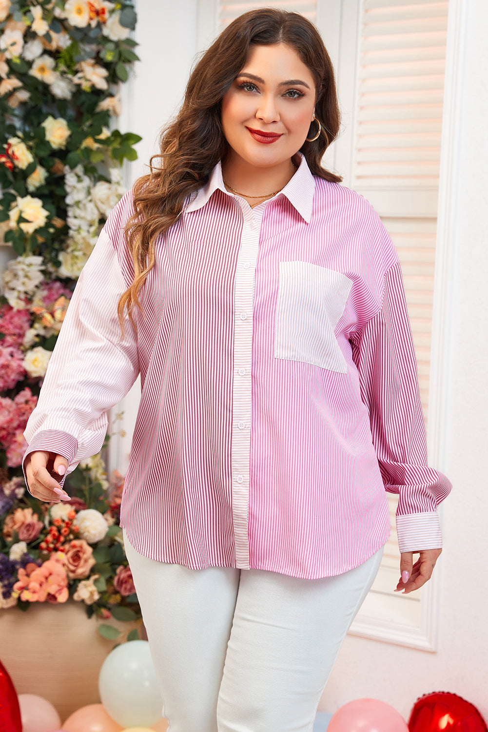 Roze strepenprint colorblock plus size shirt